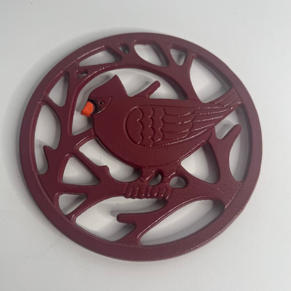 Red Cardinal Trivet 8" Round Cast Iron St Nicholas Square Yuletide Holiday Table
